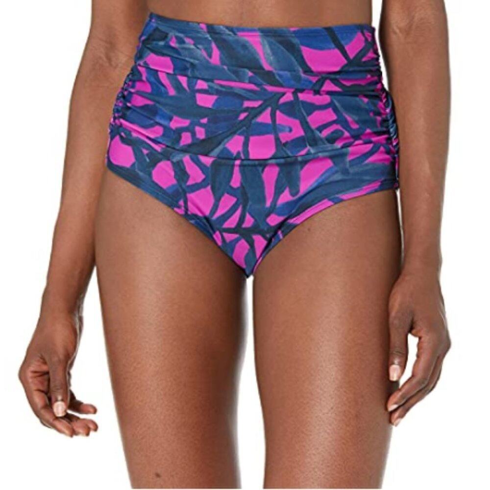 Coastal Blue Women's Multicolor Swimwear Shirred High Waist Bikini Bottom Size L